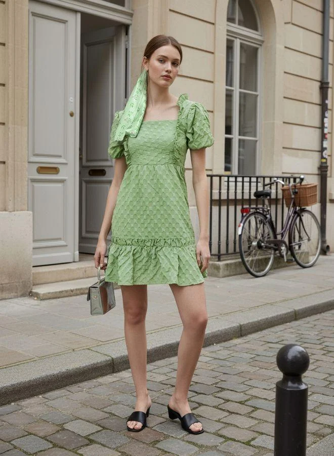 Freehand  Women Fit and Flared Textured Square Neck Half Sleeves Ruffle Dress for Women | Best Price UAE